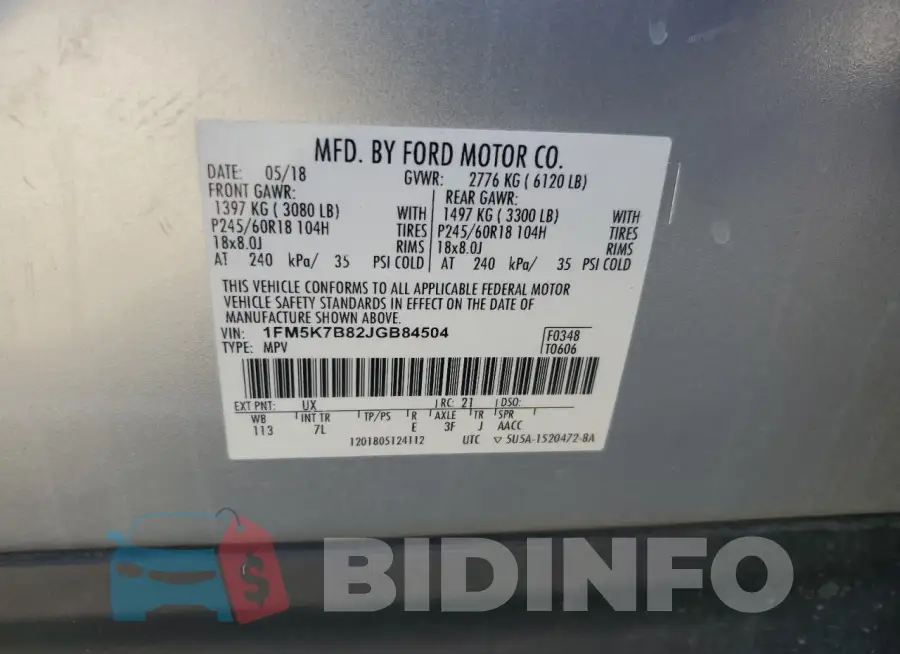 1FM5K7B82JGB84504 Photo# 13