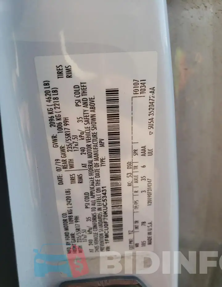 1FMCU0F70KUC53431 Photo# 13