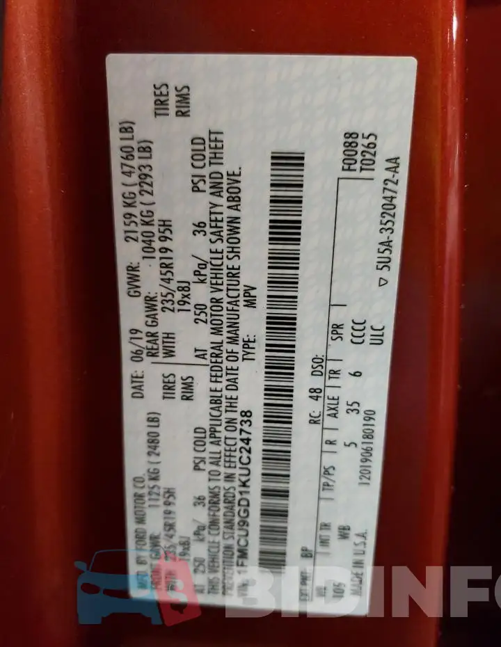 1FMCU9GD1KUC24738 Photo# 13