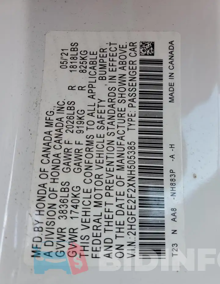 2HGFE2F2XNH505385 Photo# 12