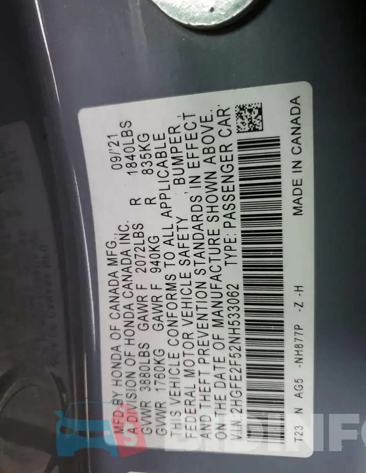 2HGFE2F52NH533062 Photo# 12