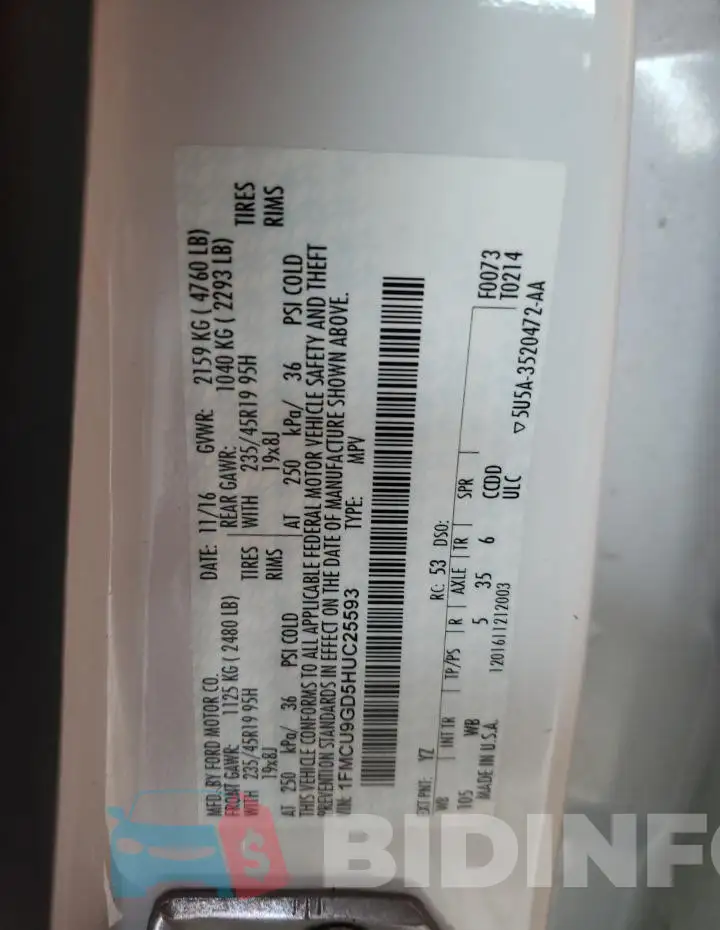 1FMCU9GD5HUC25593 Photo# 14