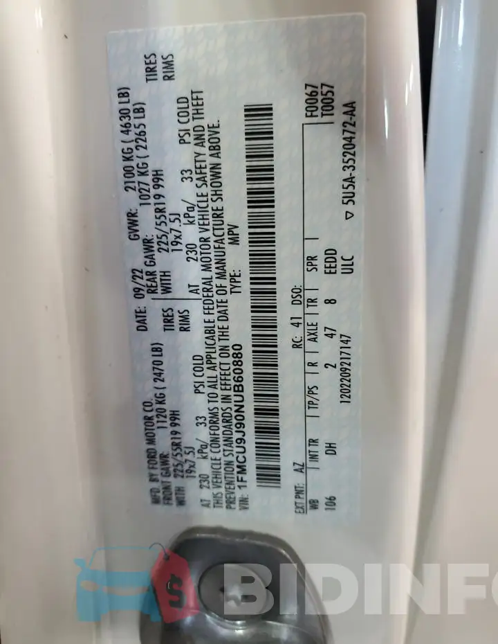 1FMCU9J90NUB60880 Photo# 14