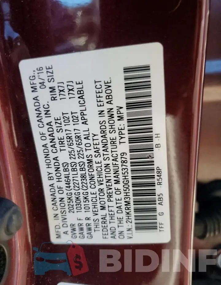 2HKRM3H50GH537879 Photo# 13