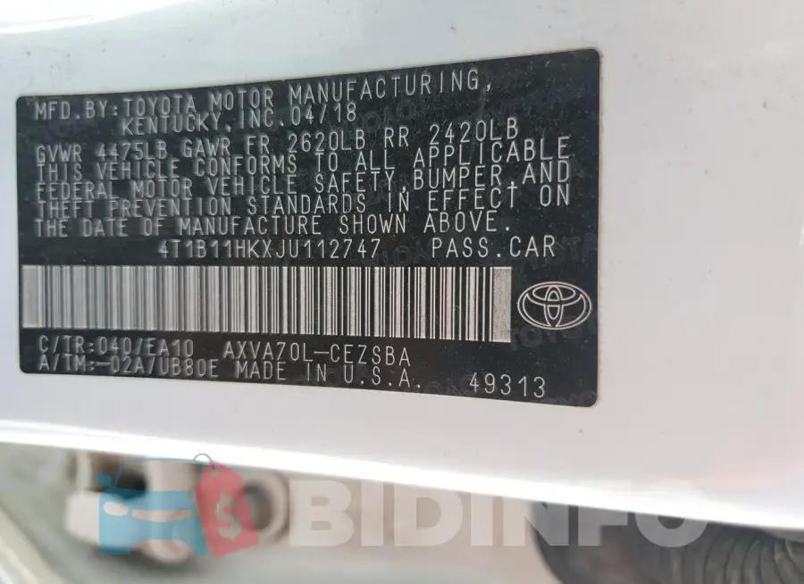 4T1B11HKXJU112747 Photo# 12
