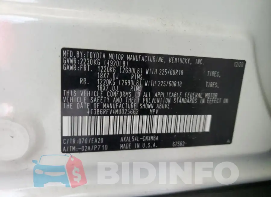 4T3B6RFV4MU025662 Photo# 13