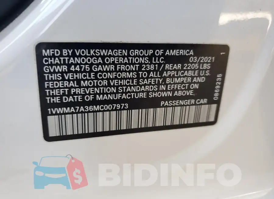 1VWMA7A36MC007973 Photo# 12