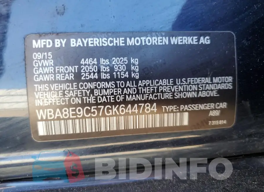 WBA8E9C57GK644784 Photo# 12