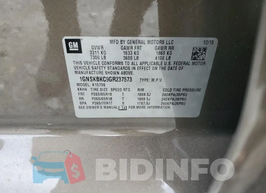 1GNSKBKC9GR237573 Photo# 13