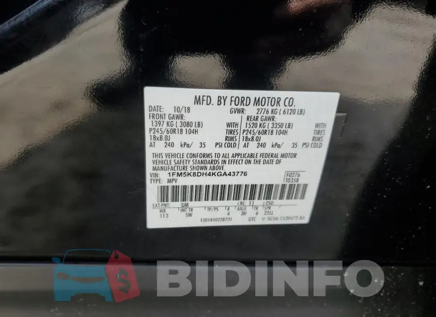 1FM5K8DH4KGA43776 Photo# 13