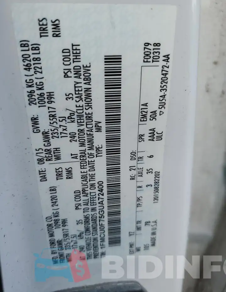 1FMCU0F75GUA72400 Photo# 13