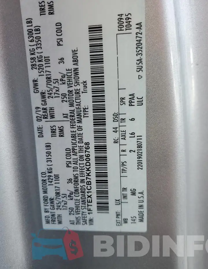 1FTEX1CB7KKD06768 Photo# 12