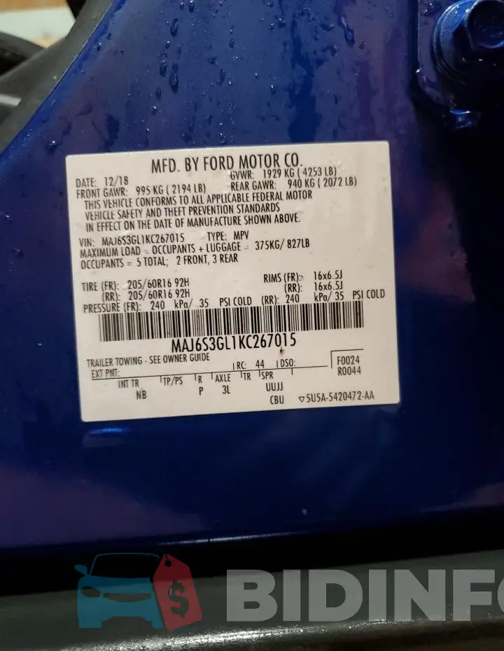 MAJ6S3GL1KC267015 Photo# 13