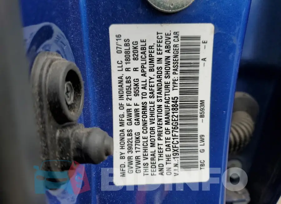19XFC1F76GE218845 Photo# 12
