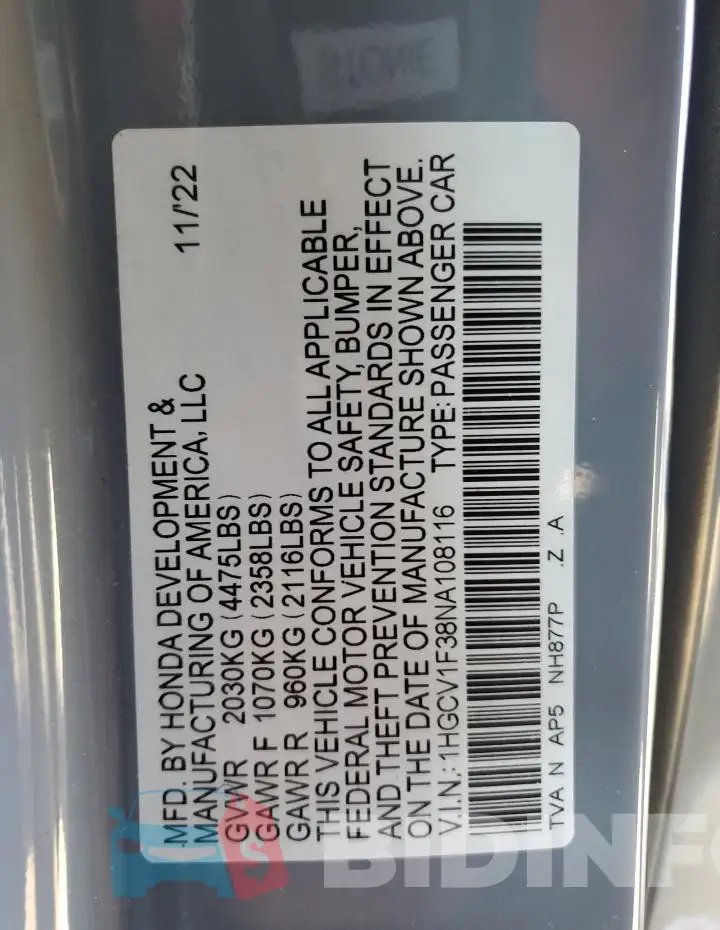 1HGCV1F38NA108116 Photo# 12