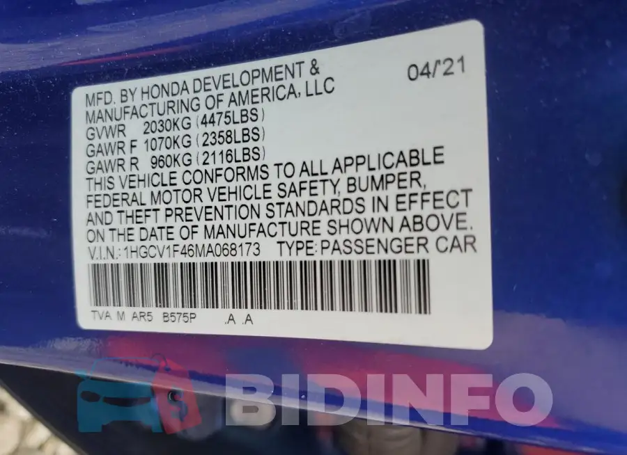 1HGCV1F46MA068173 Photo# 12