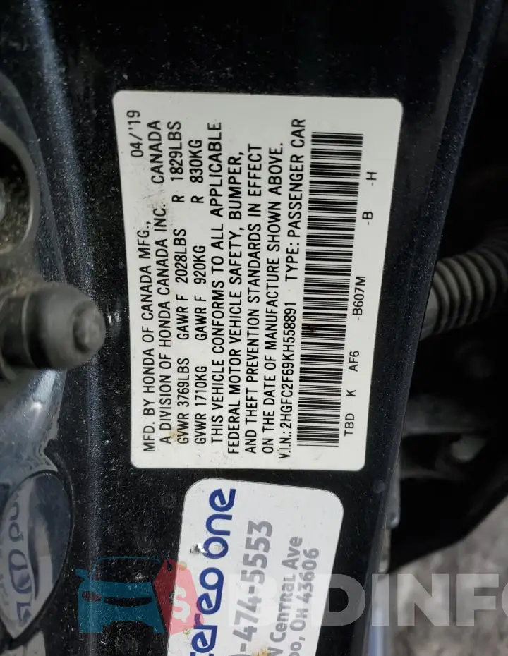 2HGFC2F69KH558891 Photo# 12