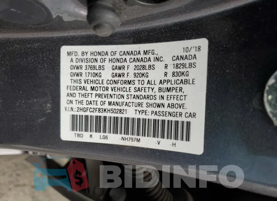 2HGFC2F83KH502821 Photo# 13