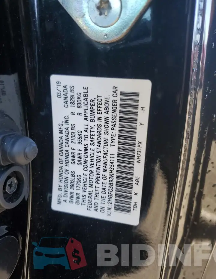 2HGFC3B93KH354111 Photo# 12
