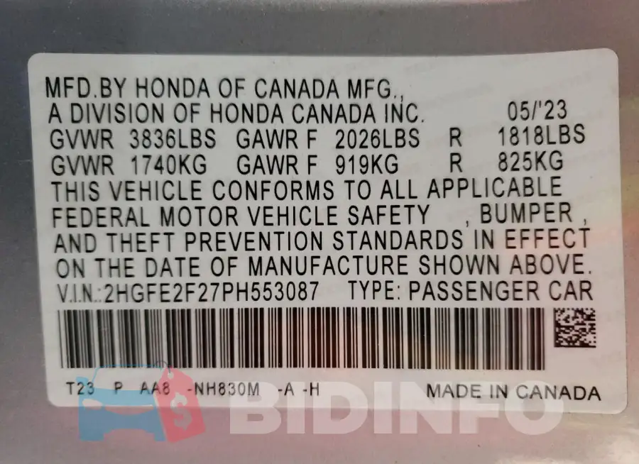 2HGFE2F27PH553087 Photo# 12