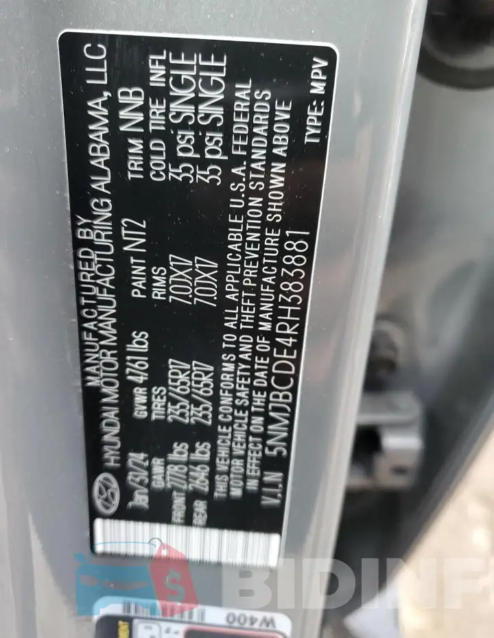 5NMJBCDE4RH383881 Photo# 12