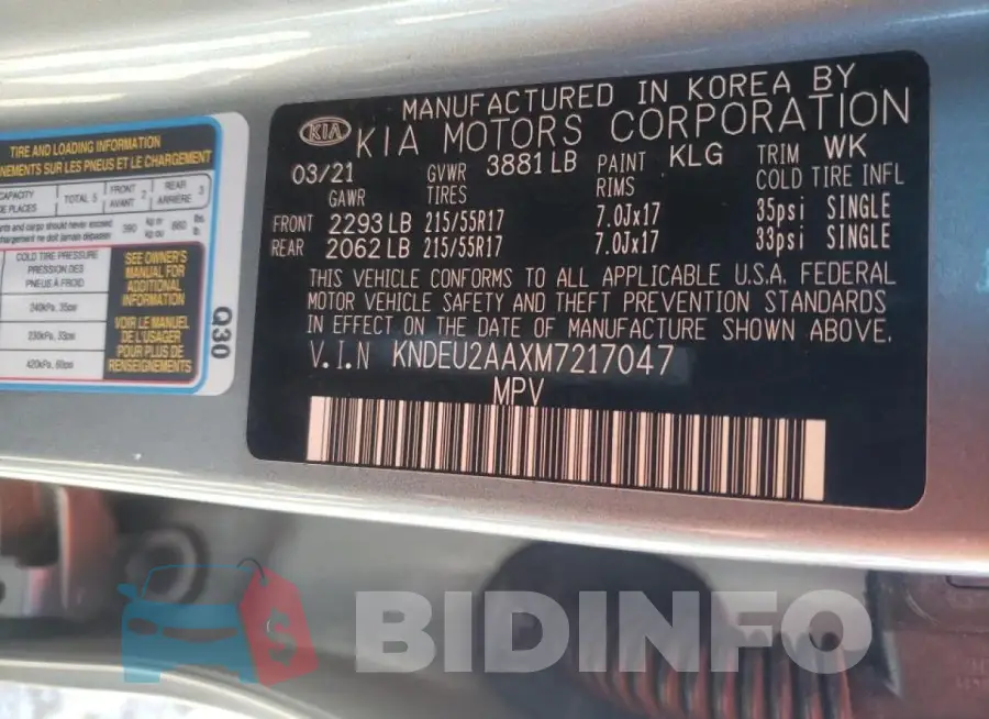 KNDEU2AAXM7217047 Photo# 14