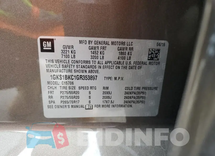 1GKS1BKC1GR353897 Photo# 13