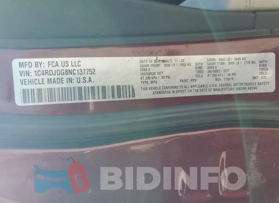 1C4RDJDG8NC137752 Photo# 13