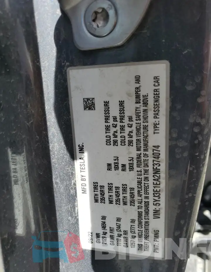 5YJ3E1EA2NF374074 Photo# 13