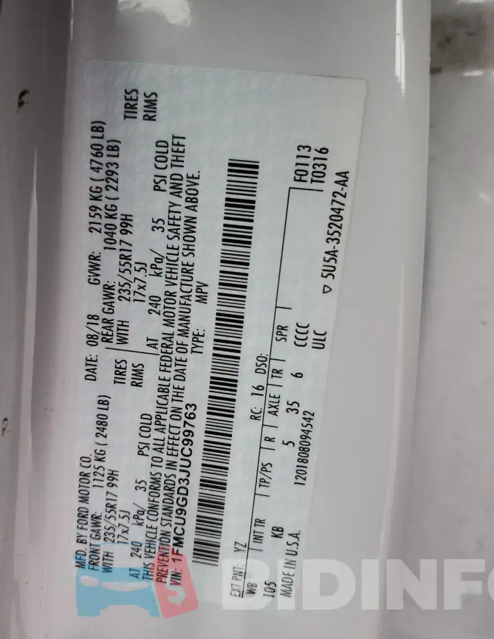 1FMCU9GD3JUC99763 Photo# 13