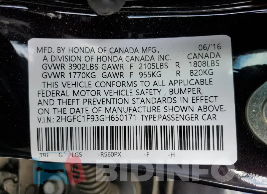 2HGFC1F93GH650171 Photo# 12