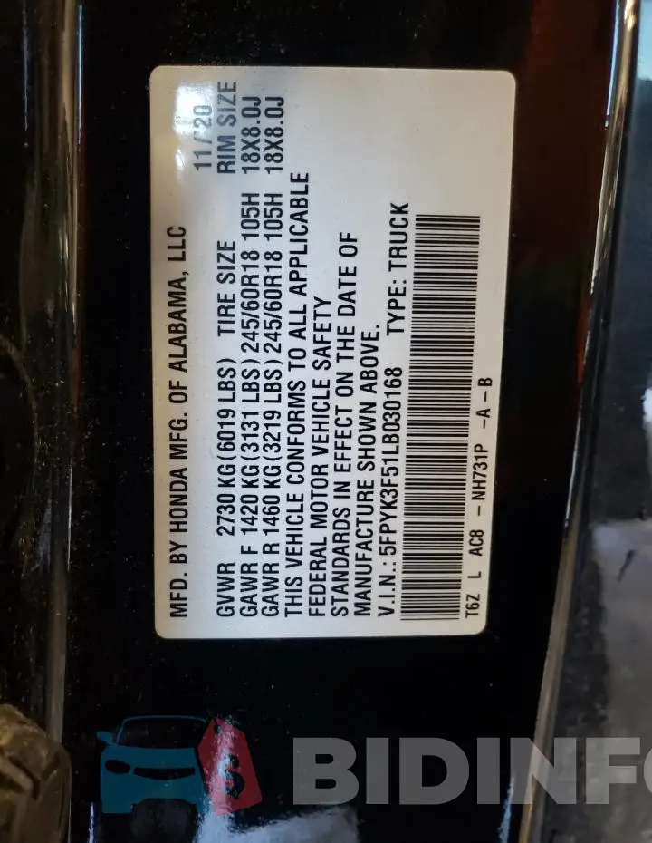 5FPYK3F51LB030168 Photo# 12