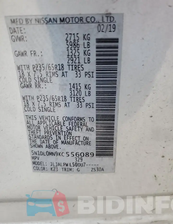 5N1DL0MN9KC556089 Photo# 13