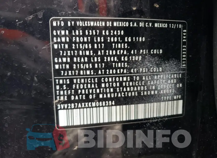 3VV2B7AXXKM068394 Photo# 13
