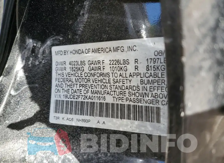 19UDE2F72KA011616 Photo# 12