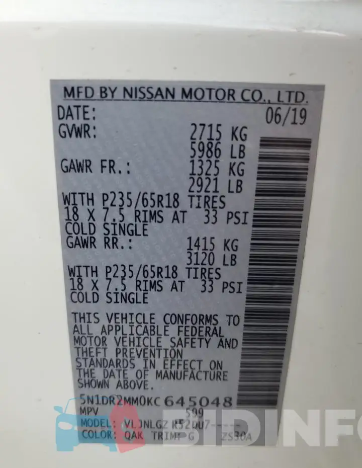 5N1DR2MM0KC645048 Photo# 13