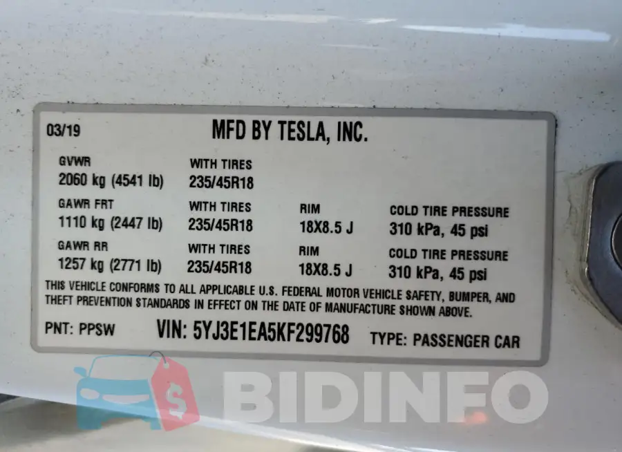 5YJ3E1EA5KF299768 Photo# 13