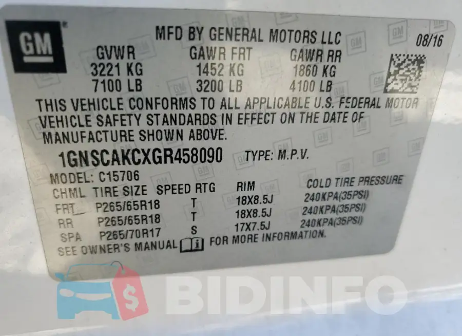 1GNSCAKCXGR458090 Photo# 14