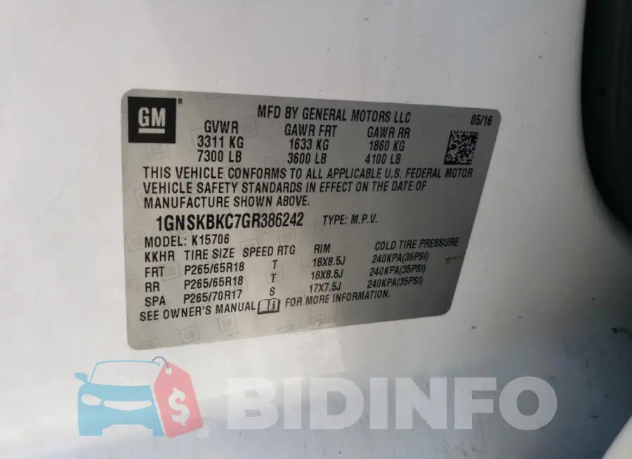 1GNSKBKC7GR386242 Photo# 13