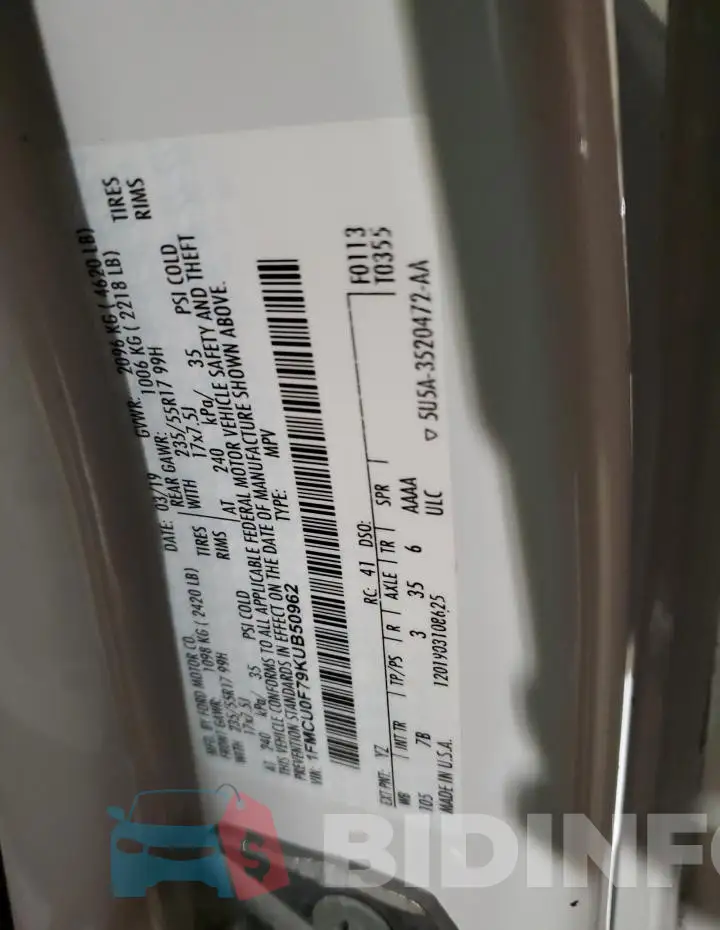 1FMCU0F79KUB50962 Photo# 13