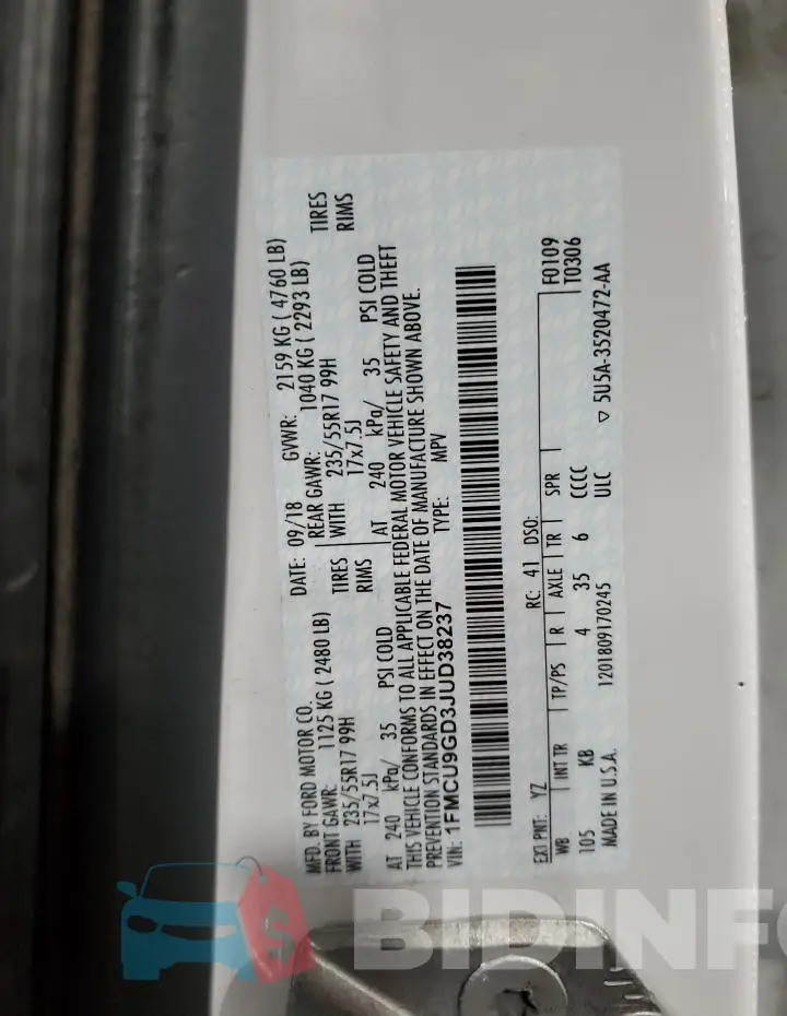 1FMCU9GD3JUD38237 Photo# 13