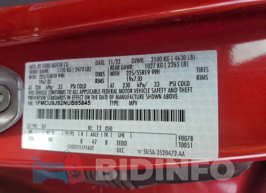 1FMCU9J92NUB85845 Photo# 14