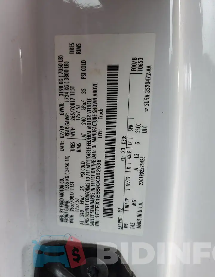 1FTFX1E55KKD02536 Photo# 12