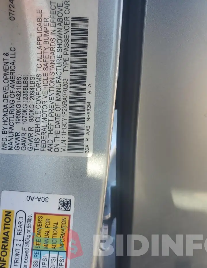 1HGCY1F2XRA078203 Photo# 12