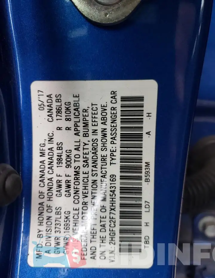 2HGFC2F7XHH543169 Photo# 12