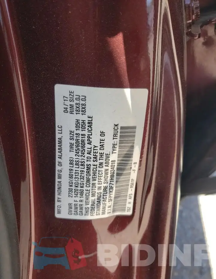 5FPYK3F71HB034018 Photo# 12