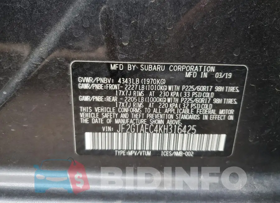 JF2GTAEC4KH316425 Photo# 13