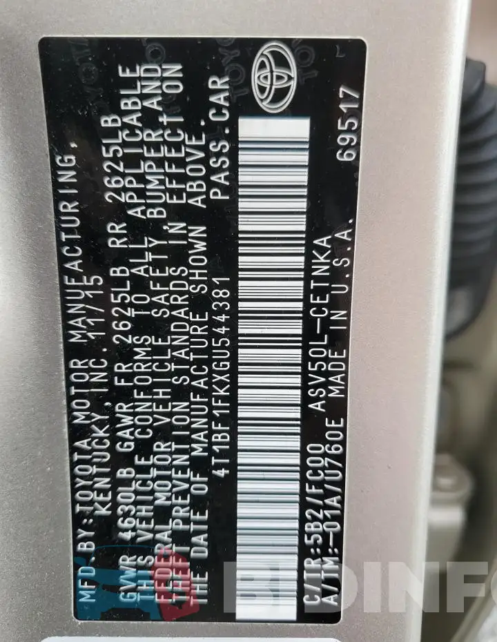 4T1BF1FKXGU544381 Photo# 12