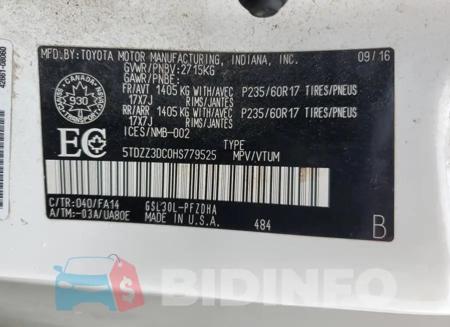 5TDZZ3DC0HS779525 Photo# 13