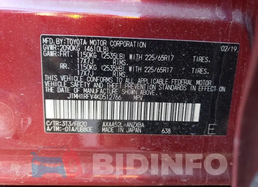 JTMH1RFV4KD512766 Photo# 13